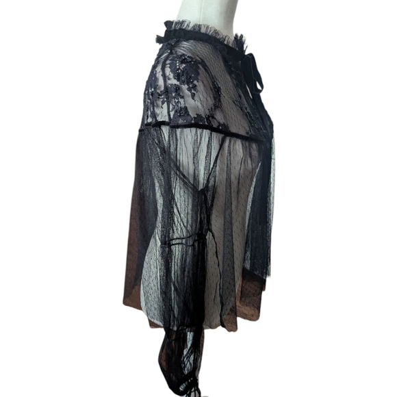 Embroidered sheer Tulle Top Witchy Whimsigoth velvet Bow Black Size L - Picture 16 of 16
